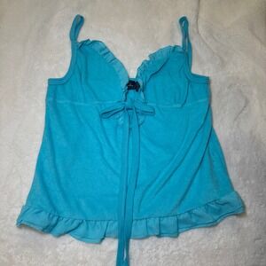 Chesley Turquoise Terrycloth Tie Front Ruffle Trim Cami Top XL